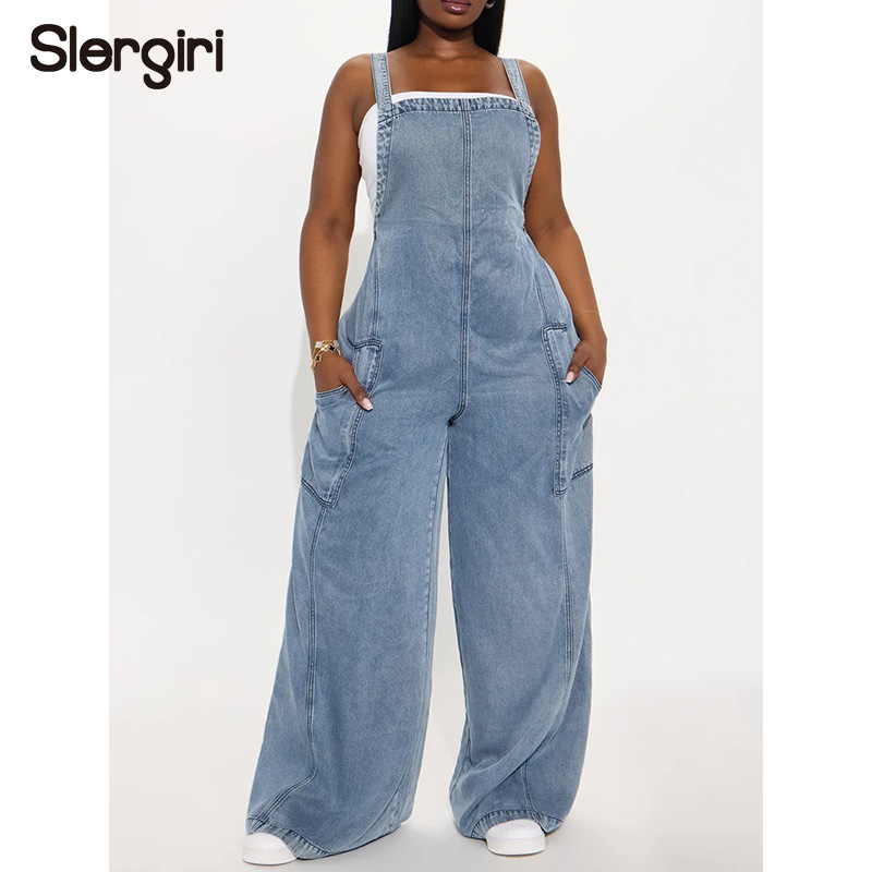 Women'S Fashion Overalls - Slergiri ストリートウェアウォッシュデニムオーバーオールジャンプスーツ女性ファッション新 2026 夏ポケットカジュアルルーズ女性ワイドレッグジャンプスーツ