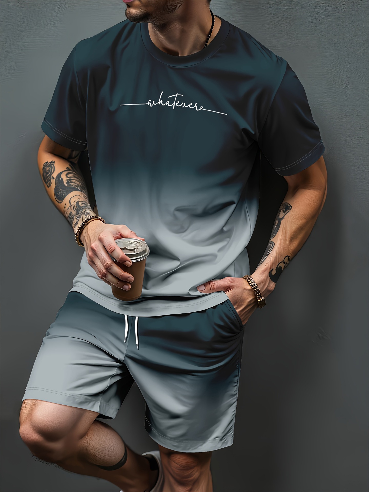 Trend Women Fashion - グラデーション文字パターン 3D プリントジャージ男性女性カジュアル半袖 Tシャツショーツセット 2 個スポーツウェアスーツ男性服