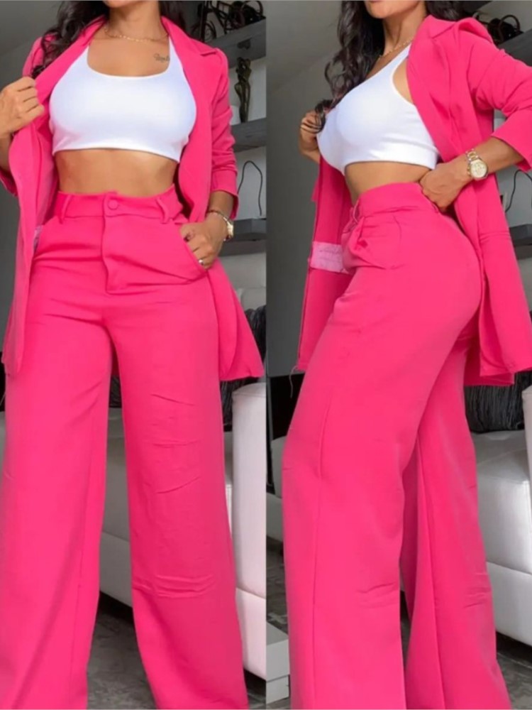 Wide Leg Palazzo Pants - 女性のためのエレガントなブレザーとズボンのセット,結び目の襟のスーツ,カジュアルなコートとパンツ,単色,オフィス,ファッション,新しい,秋,2個