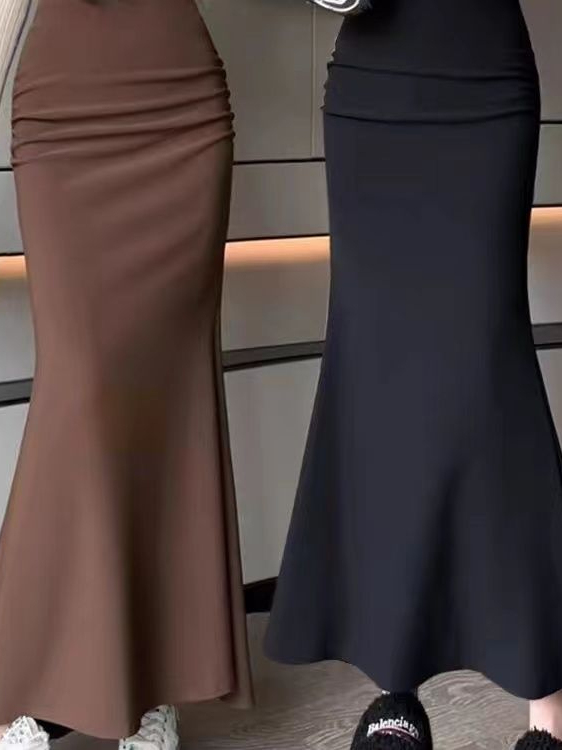 A-Line Skirt Midi - 韓国風おしゃれ無地ゴムウエストフィッシュテールスカート秋新作プラスサイズレディースAラインミディスカート