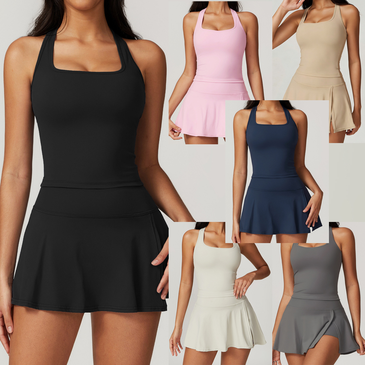 V Neck Cami Top - 女性用2ピーステニスドレス サイドスリットミニスカートセット レーサーバックワークアウトクロップタンクトップ ゴルフウェア