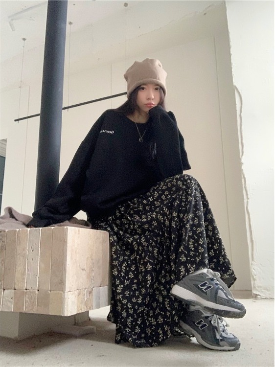 A-Line Skirt Midi - プラスサイズの女性のハイウエスト花柄ルーズフィットミディスカート韓国スタイル通勤カジュアルAラインスカート秋冬