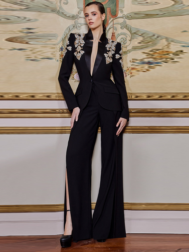 Wide Leg Palazzo Pants - ハイストリート 最新2026年 デザイナースーツ レディース ビーズダイヤモンド スタンドカラー