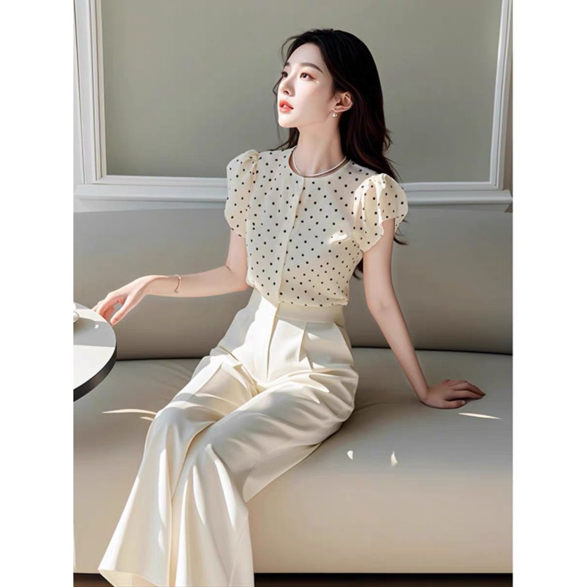 Wide Leg Palazzo Pants - 新しい夏のエレガントな女性のツーピースセット O ネックパフ半袖ドットシャツトップ + ワイドレッグパンツファッションオフィスレディスーツ