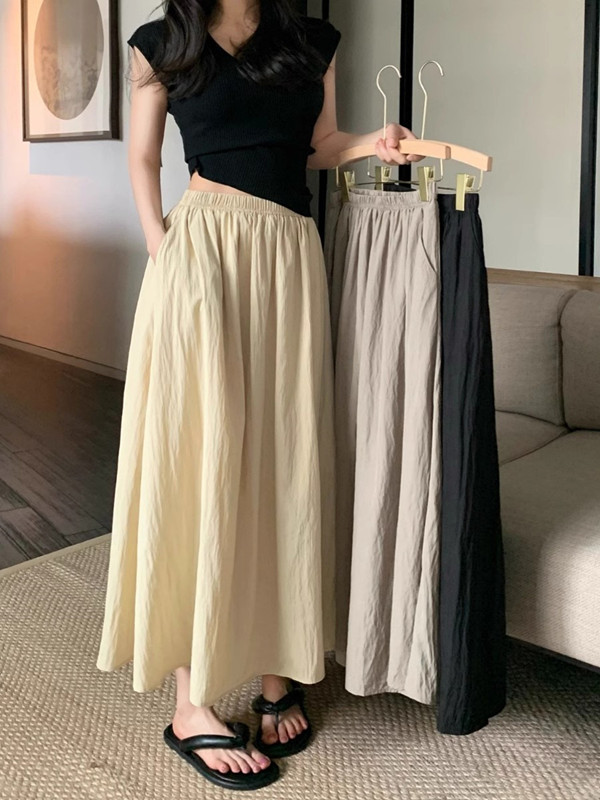 A-Line Skirt Midi - 特大サイズ アイスシルク ハイウエスト ドレーププリーツ ミディスカート 夏