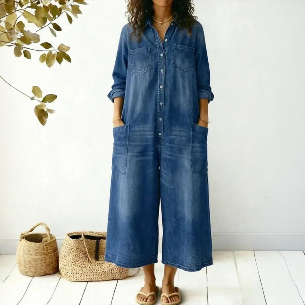 Women'S Fashion Overalls - レディースオーバーサイズデニムジャンプスーツ長袖ボタンフロントロングジーンズロンパースワンピースワイドレッグオーバーオールポケット付き