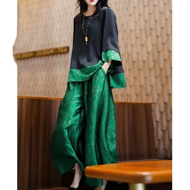 Wide Leg Palazzo Pants - 夏の女性用ルーズサテンアウトフィット韓国レディースレジャー7分袖パンツツーピーススーツ2025女性大きいサイズ4XL 2PCS