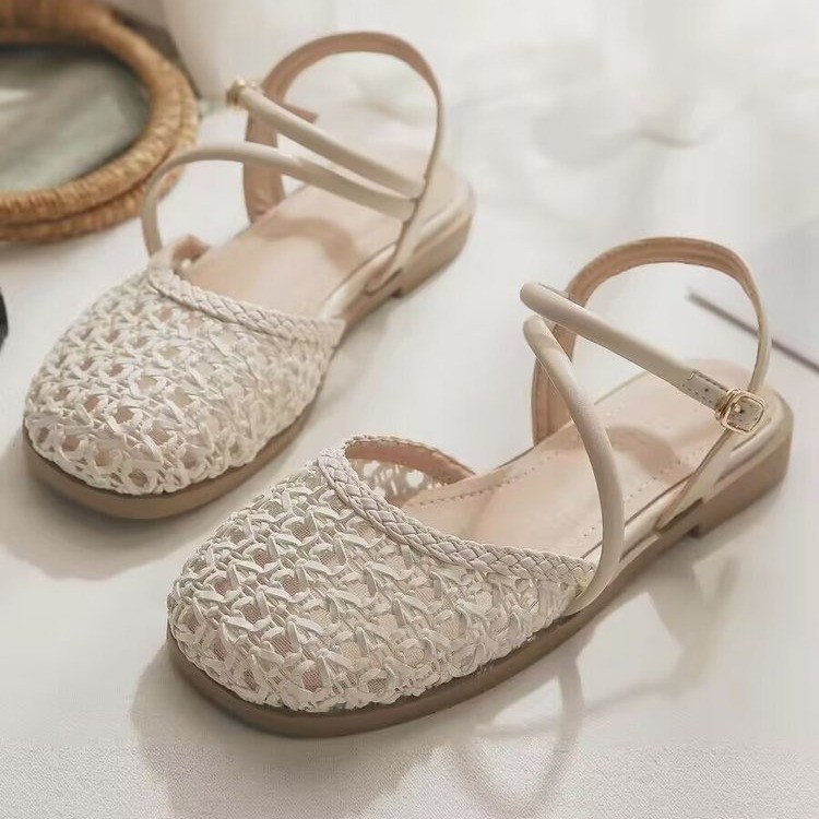 Women Fashion Outfits - 女性用フレンチスタイルクローズドトゥサンダル、夏用中空シングルストラップ、チャンキーヒール、大きいサイズ