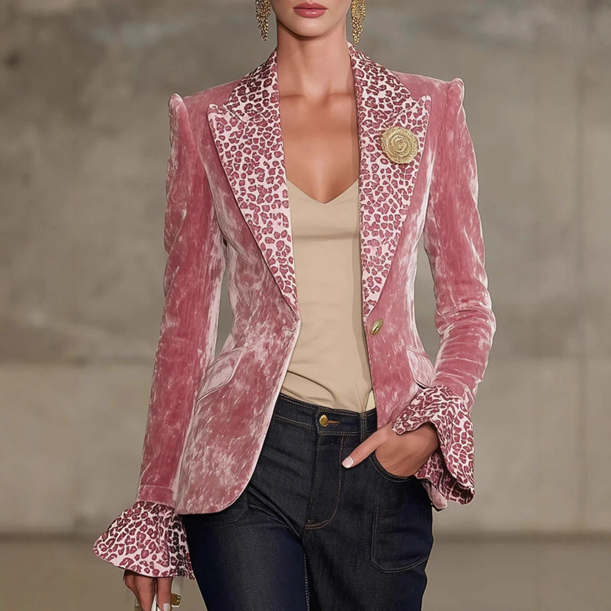 Velvet Blazer Women - 女性ベルベットブレザーヒョウ柄ラペルカフシングルボタンスーツジャケットエレガントな上着コート女性春/秋のファッショントップス