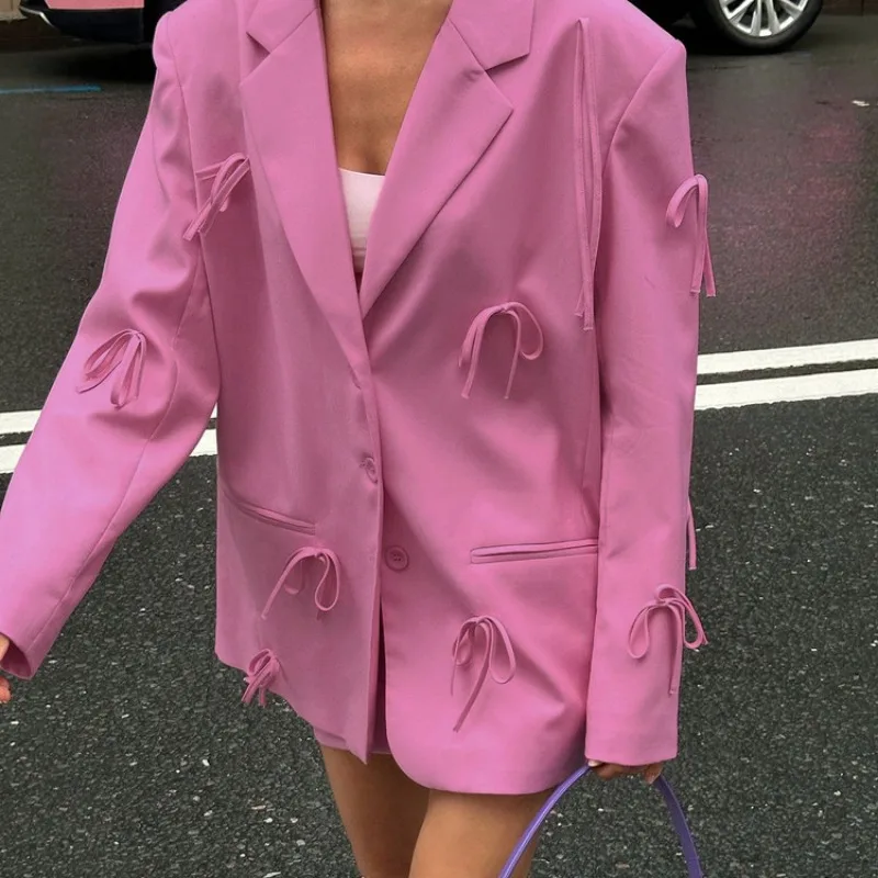 Velvet Blazer Women - 女性用シングルブレストスーツ,ピンクのリボンブレザー,長袖ジャケット,ポケットコート,ストリートウェア,アウター,エレガントなトップス,ファッション,秋,y2k