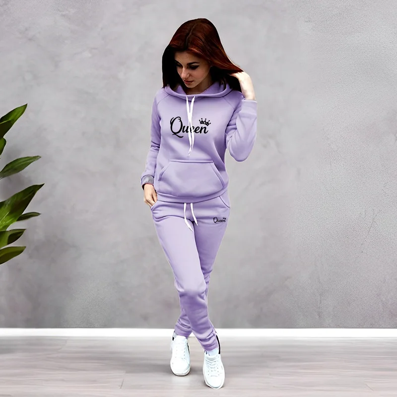 Women Fashion Outfits - レディーストラックスーツ クイーンレタープリント フード付きスウェットシャツスーツ 高品質ジョギングウェア ファッションカジュアルパンツセット