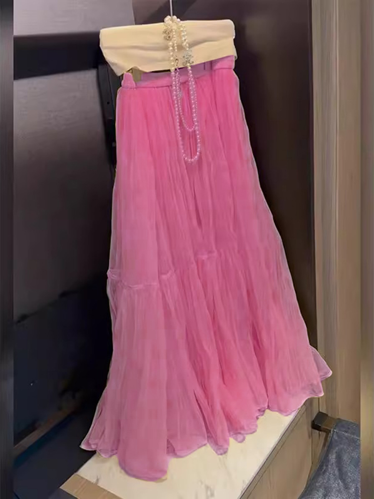 A-Line Skirt Midi - エレガントなハイウエストメッシュハーフスカート レディース 夏 ファッション スリミング ロングスカート