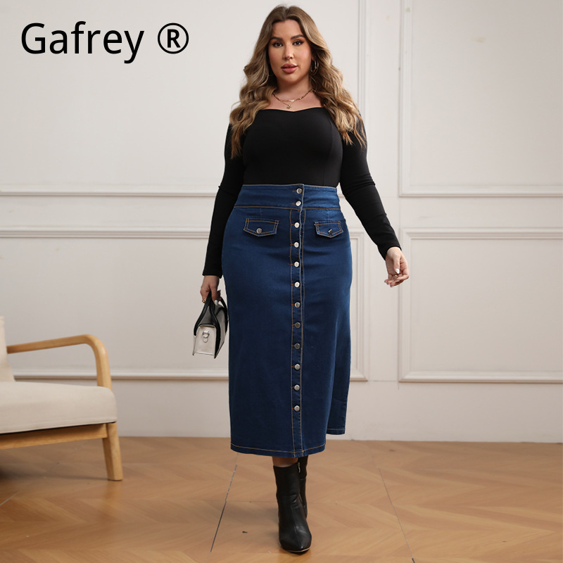 A-Line Skirt Midi - プラスサイズ ハイウエスト ボタンフロント デニムジーンズスカート デコレーティブポケット カジュアル