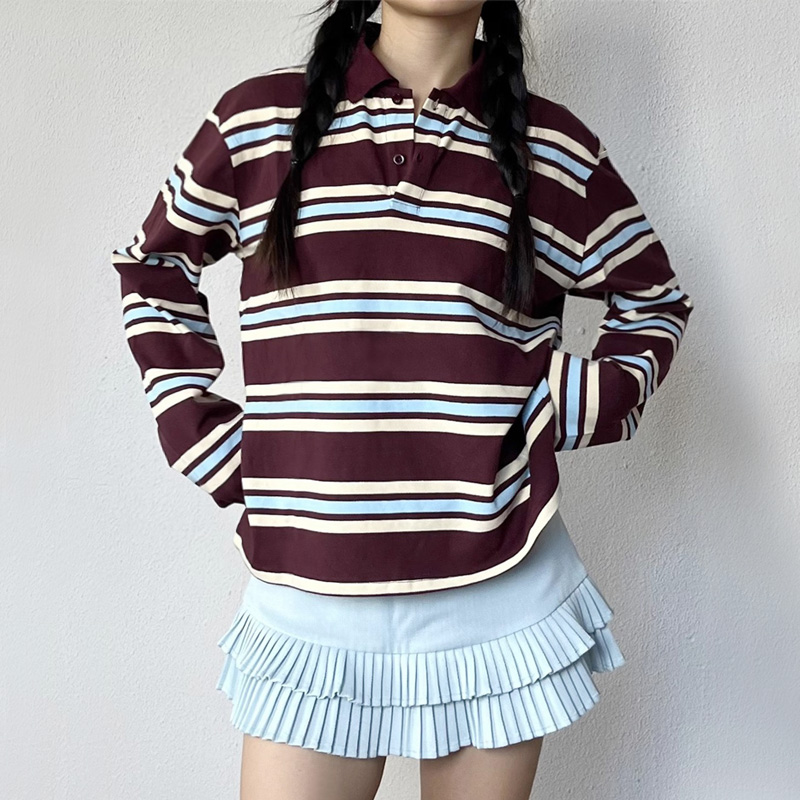 Women'S Fashion Rugby Shirt - レディース ストライプ リラックス ラグビー ポロシャツ 長袖