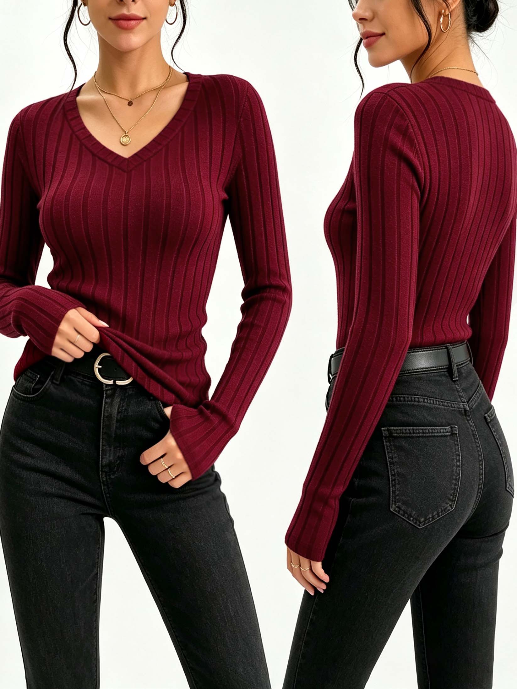 Trend Women Fashion - レディース無地Vネックリブニットトップ、スリムフィットストレッチ長袖ベーシックカジュアルTシャツ