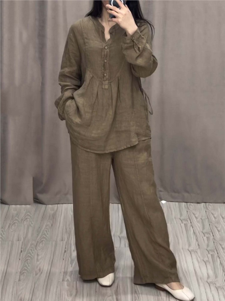 Wide Leg Palazzo Pants - レディースツーピースセット ファッション オフィスレディー 無地 長袖 カジュアル