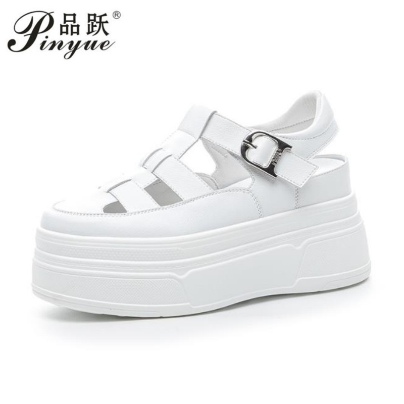 Sneakers Fashion Women - 8.5 センチメートル中空フル牛本革女性の夏の靴プラットフォームスニーカーウェッジ隠しヒール女性の夏のサンダルプラットフォーム 34-39