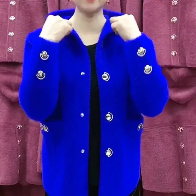 Velvet Blazer Women - 新しい中年高齢者の母模造ミンクベルベットコート秋冬厚みのフード付きカーディガンセーター女性ニットジャケット