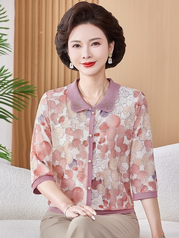 Women Fashion Over The Years - アイスシルク弾性プリントショートシャツニットトップTシャツ50歳の女性向け中高年ファッション通気性