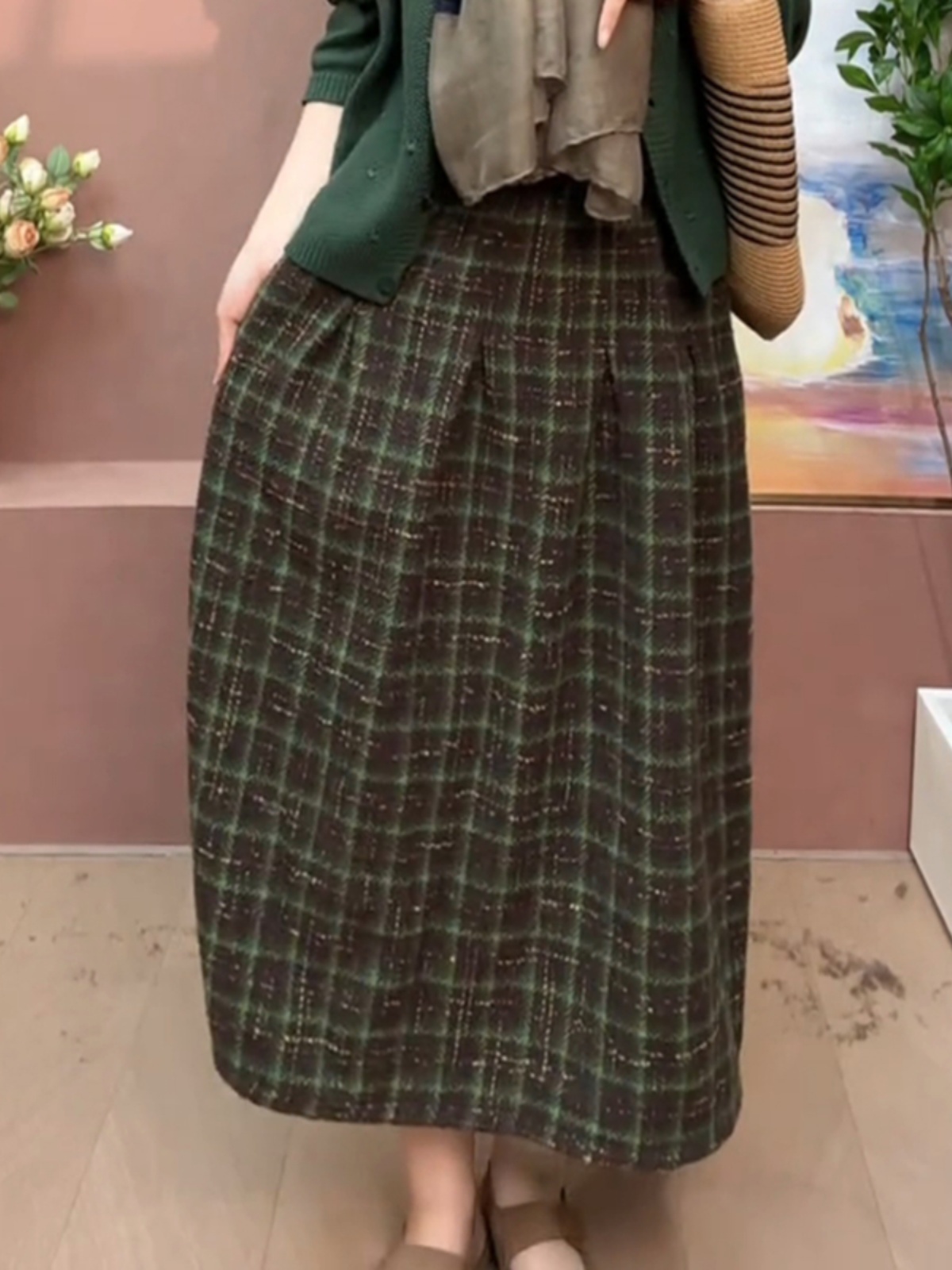 A-Line Skirt Midi - レトロな厚手のウール A ラインミニスカート女性の痩身ミディチェック柄スカート通勤スタイルハイウエストアップルとペアの体型