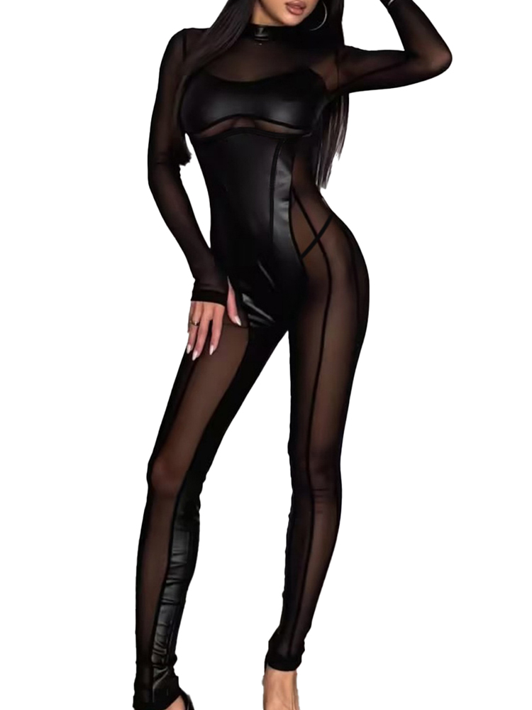 Women Fashion Outfits - ファッションスプライスメッシュバックジッパー長袖シェイプウェアジャンプスーツ女性ナイトクラブパーティーボディコン衣装スリムタイトクラブウェア