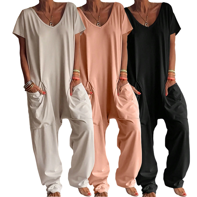 Women'S Fashion Overalls - ソリッド V ネックドロップクロッチジャンプスーツ女性のためのルーズビッグパケットビーチ Y2K ヴィンテージセクシーな夏のオーバーオール安い服女性