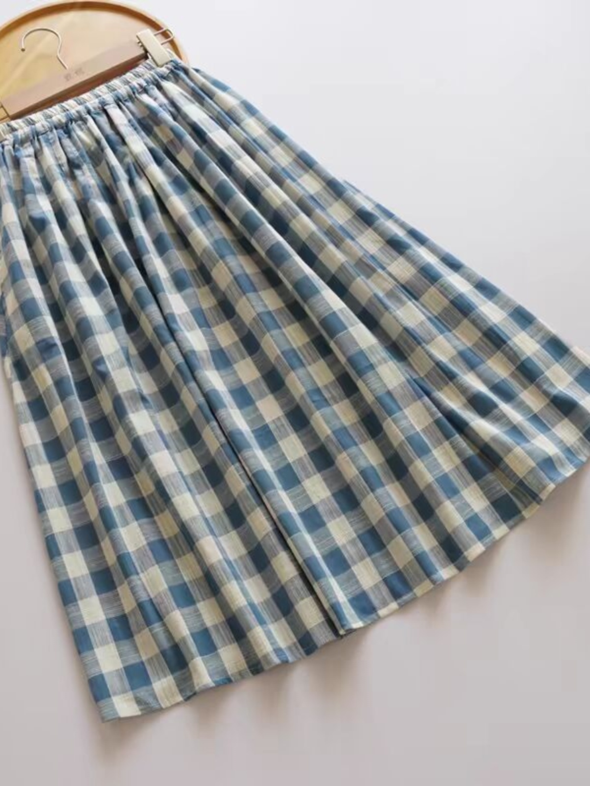 A-Line Skirt Midi - レトロ竹繊維コットンミディスカートルーズブルーチェック柄Aラインスカートレディースカジュアルストレートカット春シーズンアップル体型向け