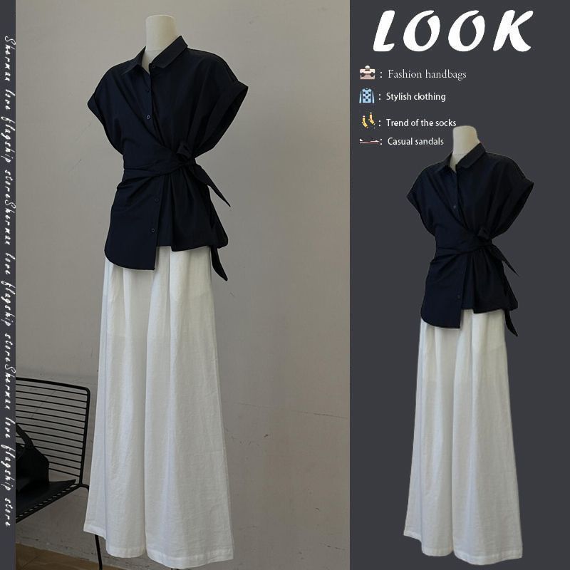 Wide Leg Palazzo Pants - 女性の夏黒包帯蝶結びシャツ白ワイドレッグパンツ 2 点セット韓国オフィスレディ優雅なブラウスズボンスーツ