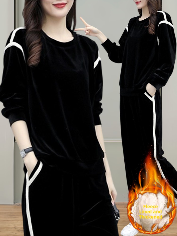 Women Fashion Over The Years - ファッショナブルな純綿ブラックスポーツウェアセット（女性用）、ストレートレッグパンツとスウェットシャツ、秋冬新作、シンプルで上品。