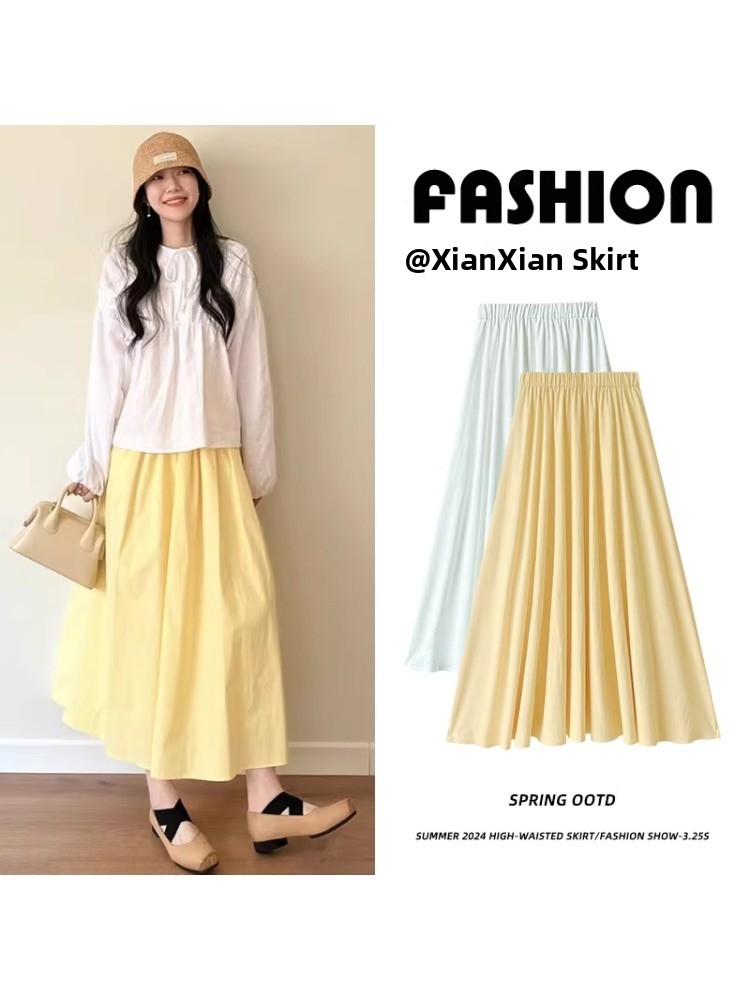 A-Line Skirt Midi - イエローのAラインミディスカート、プラスサイズ女性向け、ハイウエスト、洋梨型体型カバー、ヒップスリム、春夏カジュアル、長袖