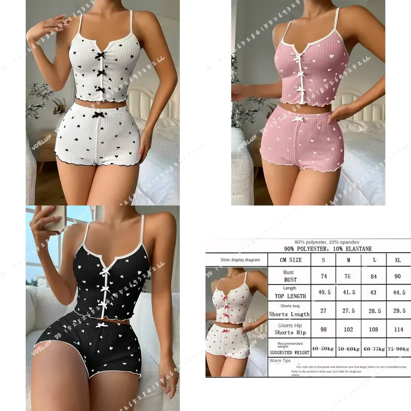 V Neck Cami Top - 女性用ハートプリントパジャマセット シルクサテン Vネック ノースリーブキャミトップとショートパンツ 寝間着 カジュアルラウンジウェア