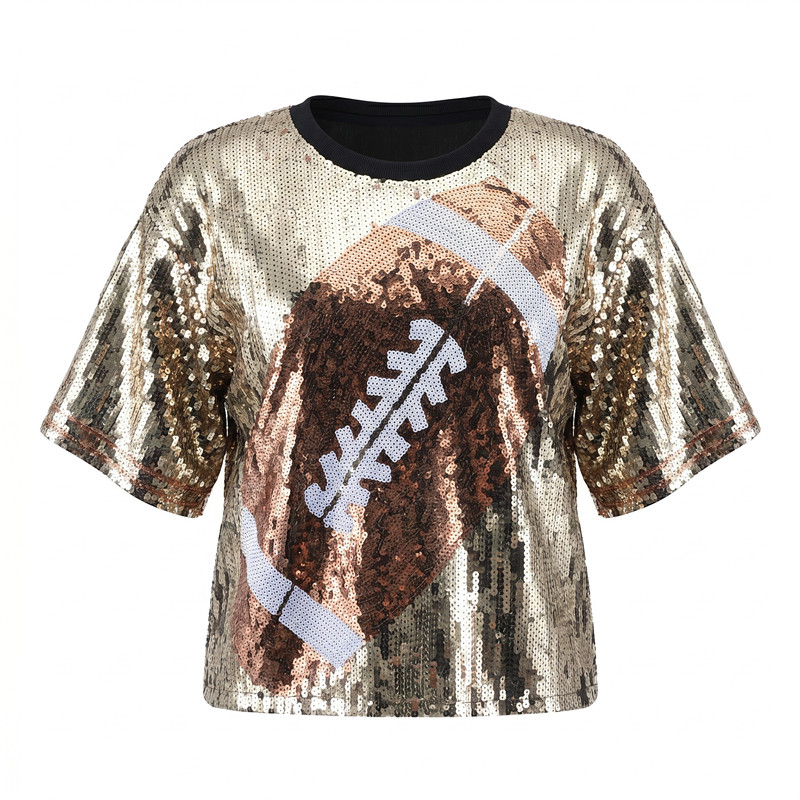 Women'S Fashion Rugby Shirt - 夏の新ファッションラグビープリントスパンコール女性半袖 Tシャツラウンドネック女性カジュアルショートトップス