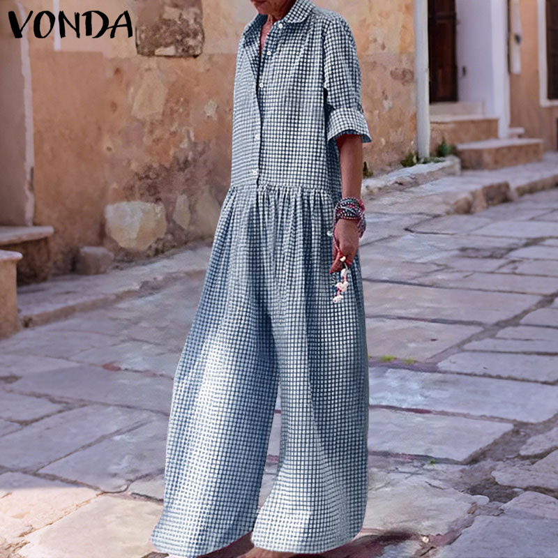 Women'S Fashion Overalls - プラスサイズ 5XL VONDA ヴィンテージジャンプスーツ女性エレガントなチェック柄ロングオーバーオールファッション 3/4 スリーブカジュアル遊び着ストリートパンツ