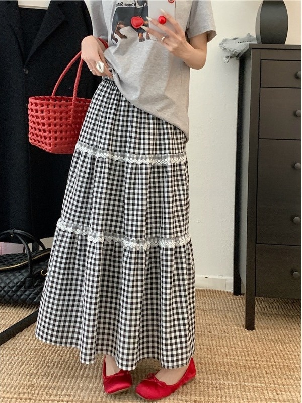 A-Line Skirt Midi - プラスサイズ甘いレースチェック柄ハイウエスト A ラインミディスカート春の新スタイル痩身ヒップカバー韓国スタイルカジュアルスカート