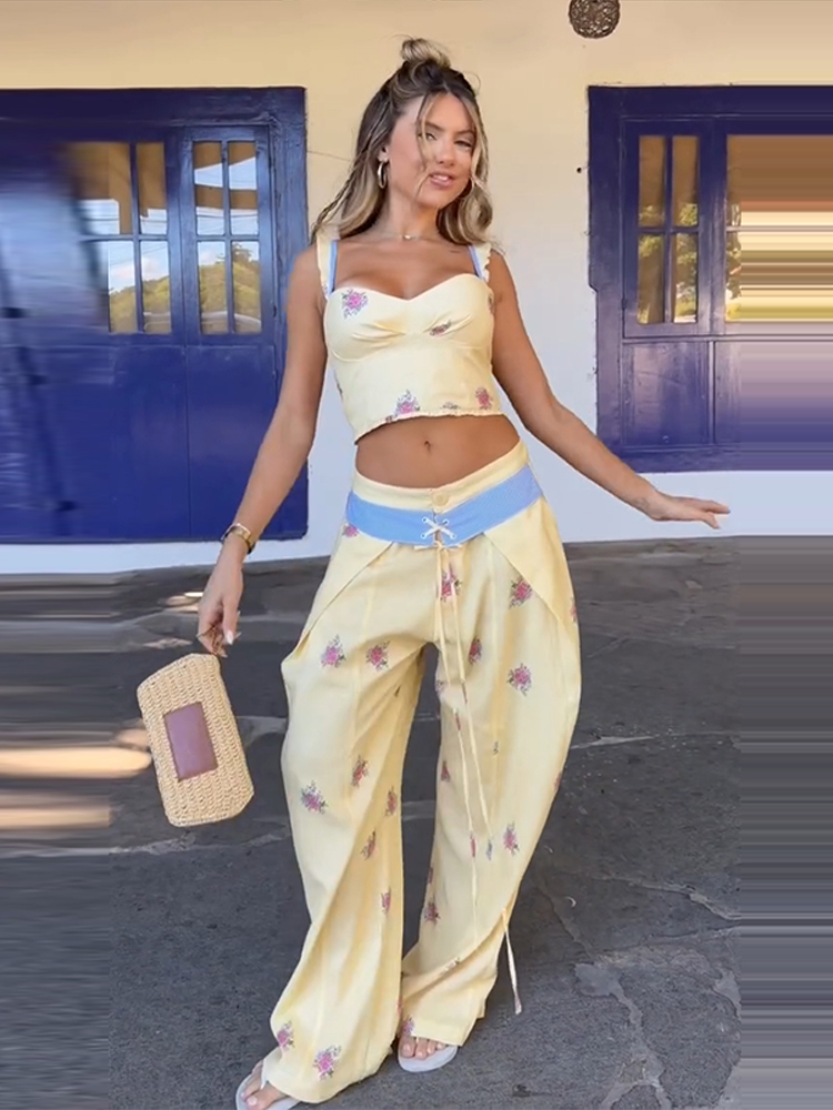 Wide Leg Palazzo Pants - セクシーなプリントベストパンツ レディースセット エレガントな長袖レースアップトップ ワイドレッグトラウザーズ 2026年秋冬バケーションレディースファッション新作