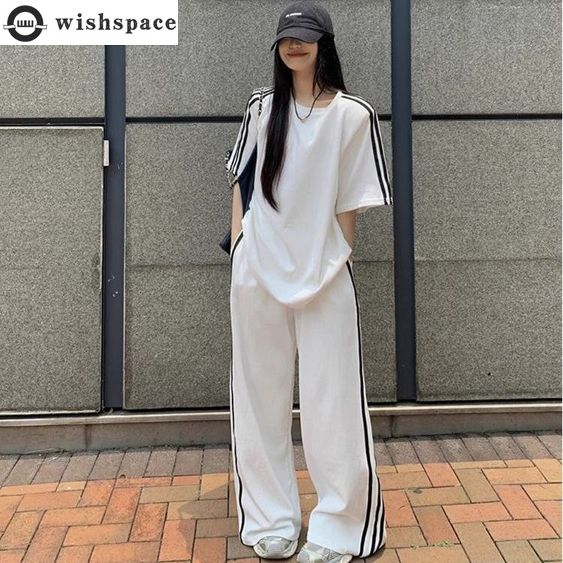 Wide Leg Palazzo Pants - 女性用半袖ストライプTシャツ,ルーズフィット,カジュアル,ワイドレッグ,フロアウェア,春と夏
