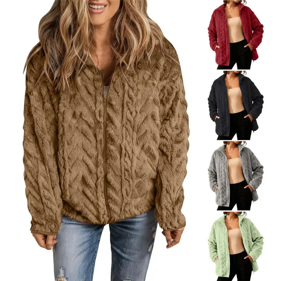 Sherpa Coat Women - 冬用コート レディース 冬用フリース スタンドカラーポケット付き シェルパ ジップアップコート