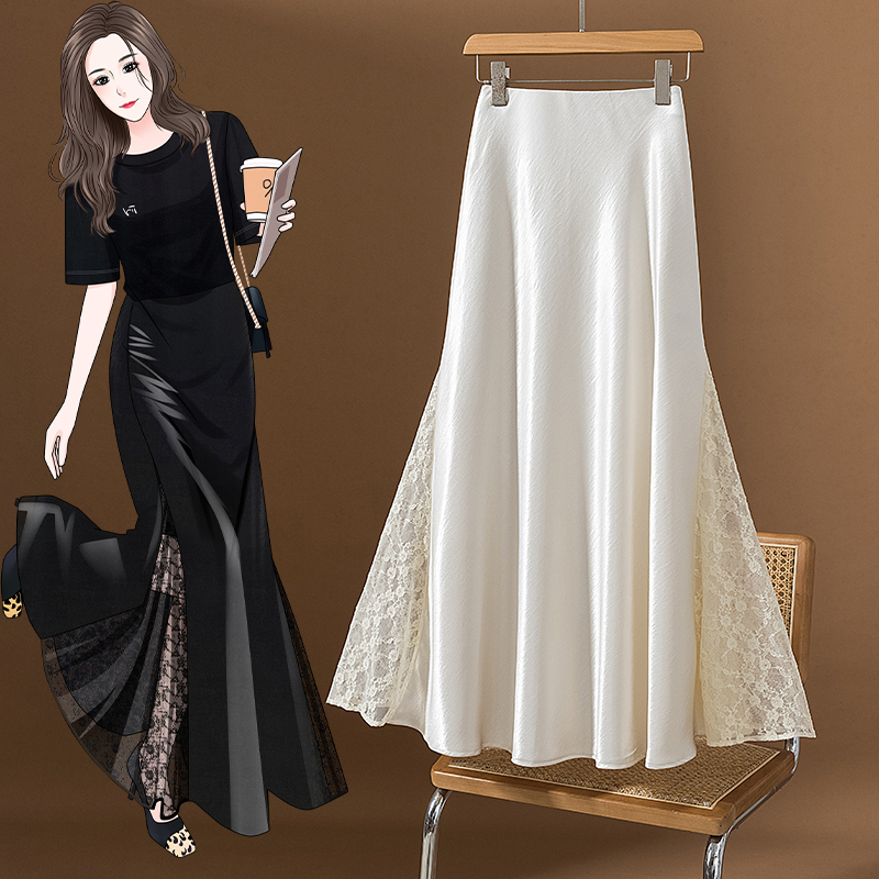 A-Line Skirt Midi - おしゃれなレーススプライスフィッシュテールミディスカート レディース 夏 スリム ハイウエスト Aライン