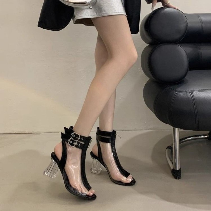 Women'S Fashion Belts - クリスタルヒールジップサンダル夏の新ラウンドトゥオープントゥカラーブロックメタルベルトバックル滑り止め耐摩耗性ハイヒール