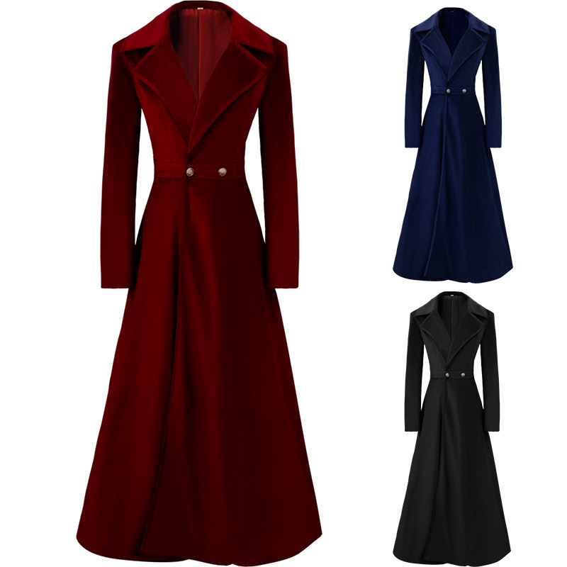 Velvet Blazer Women - 19世紀の女性用エレガントなノッチドラペルトレンチコート ベルベット マキシ丈 ヴィクトリア朝ゴシック スリムフィット ロングジャケット
