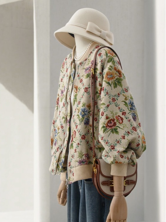 Sherpa Coat Women - レトロな雰囲気の油絵刺繍ジャケット野球スタイルのアウターウェア女性のための秋冬ファッショナブルなストレートカットショートコート
