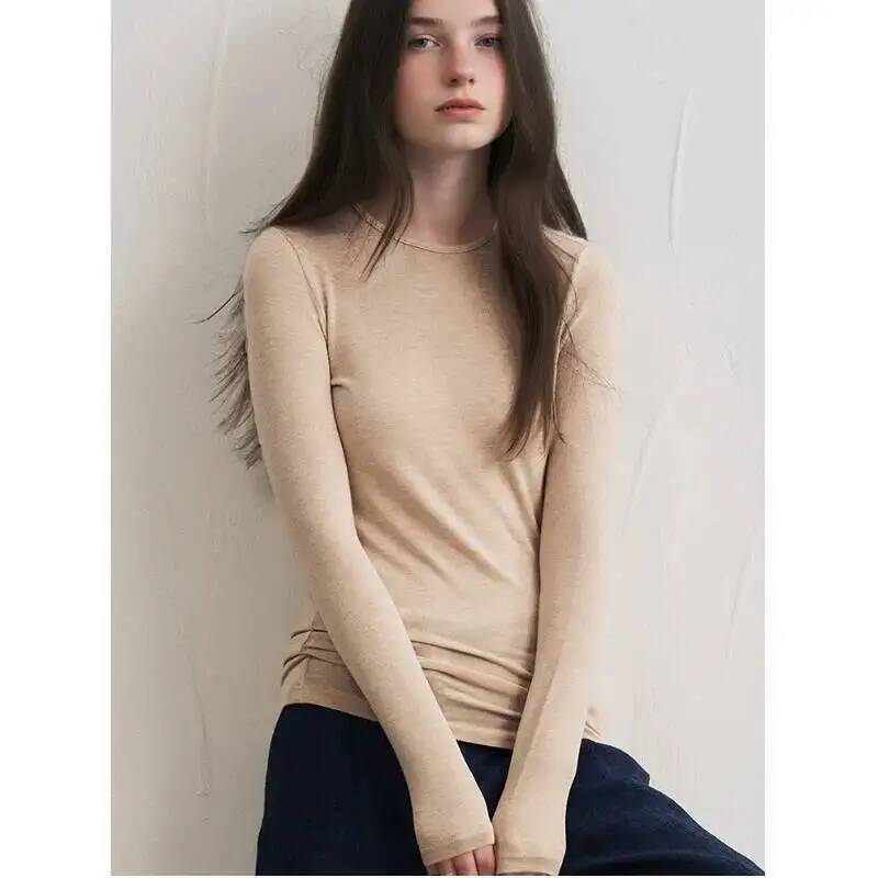 Trend Women Fashion - レディースカシミヤ混紡長袖トップス 秋冬用 ソフトモーダルストレッチ スリムフィット ラウンドネック ベーシックレイヤリングニットTシャツ