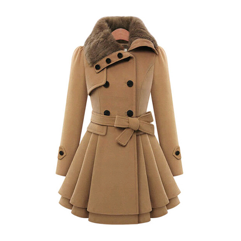 Sherpa Coat Women - 女性用ロングウールシェルパコート、ダブルブレスト、レースアップ、プリーツフリルジャケット、スリム、ウール、ストリートウェア、冬