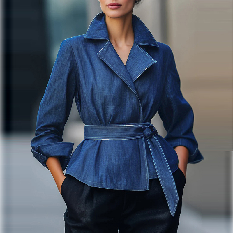 Women'S Fashion Belts - 2026年秋春ファッションデニムジージャン女性用長袖ヴィンテージブルー秋カジュアルアウターウェアベルト付き