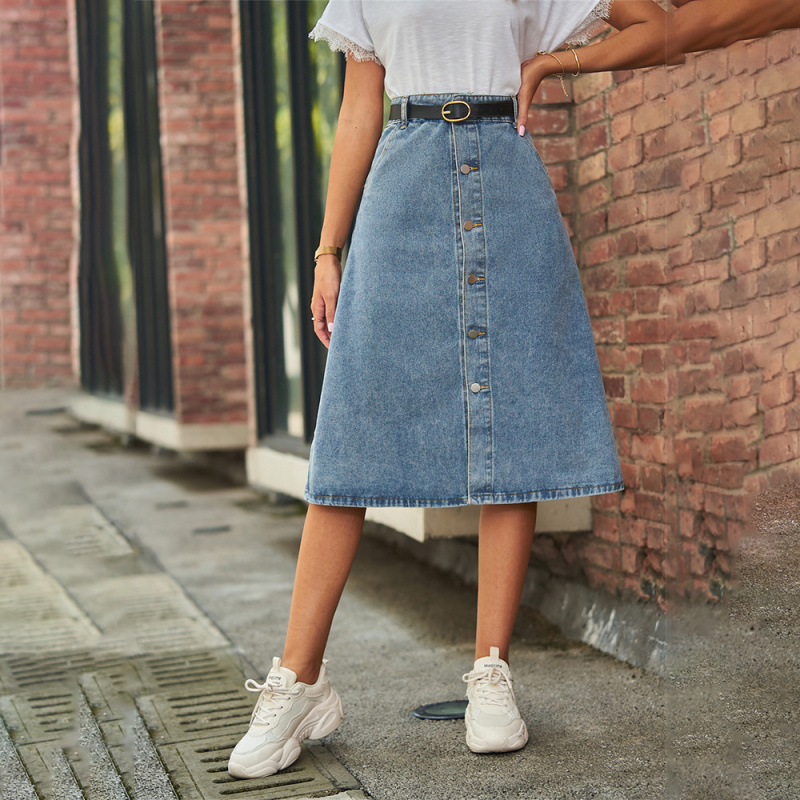多用途スリムウォッシュドデニムワンボタンミディスカート子供用 - A-Line Skirt Midi のレビューと価格