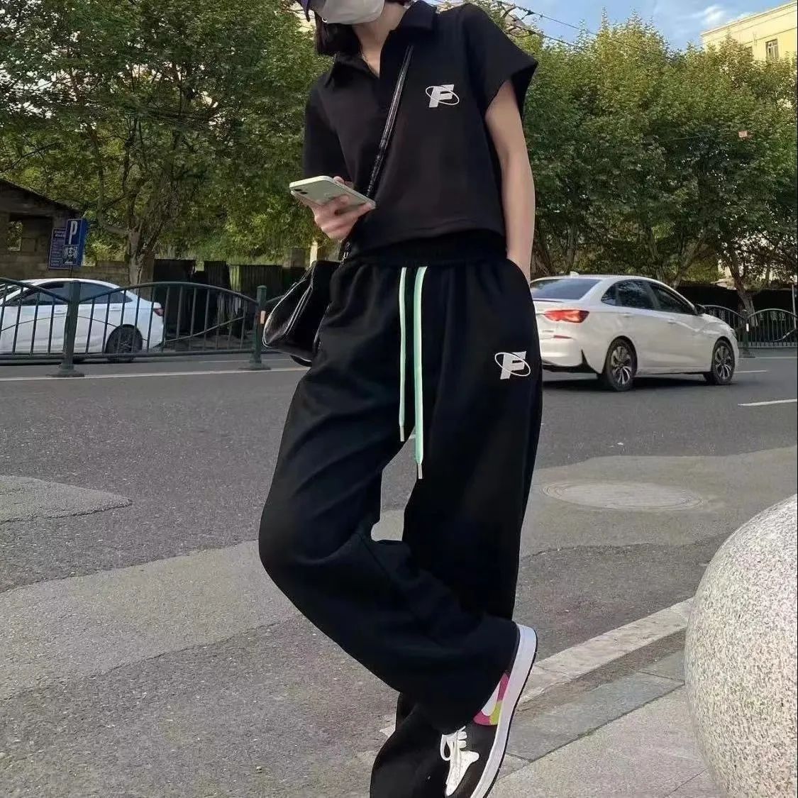 女子大学スタイルのカジュアルスポーツスーツ,ルーズフィット半 - Wide Leg Palazzo Pants のレビューと価格