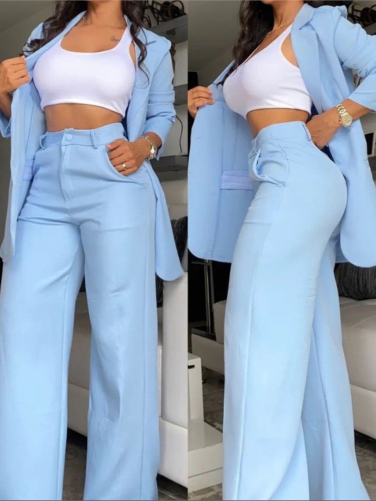 女性のためのエレガントなブレザーとズボンのセット,結び目の襟 - Wide Leg Palazzo Pants のレビューと価格
