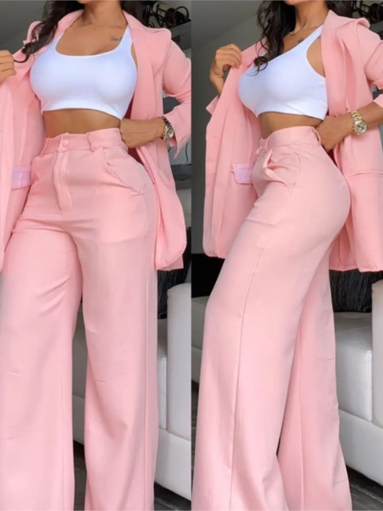 女性のためのエレガントなブレザーとズボンのセット,結び目の襟 - Wide Leg Palazzo Pants のレビューと価格