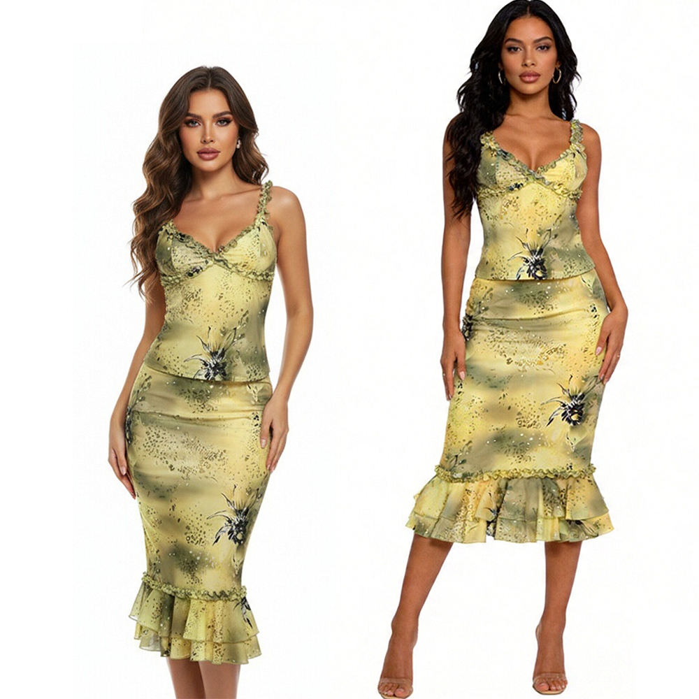レディースドレス 2ピース 花柄プリント サテン生地 ラッフ - V Neck Cami Top のレビューと価格
