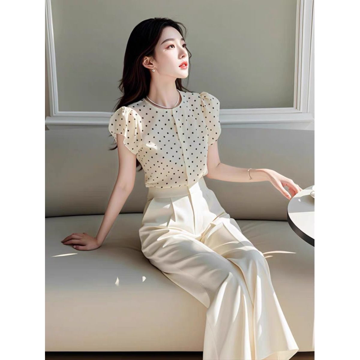新しい夏のエレガントな女性のツーピースセット O ネックパフ - Wide Leg Palazzo Pants のレビューと価格